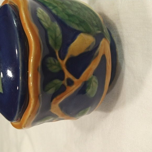 Henriksen Navy blue majolica jam sugar pot bird branches hand painted stoneware - Picture 6 of 8